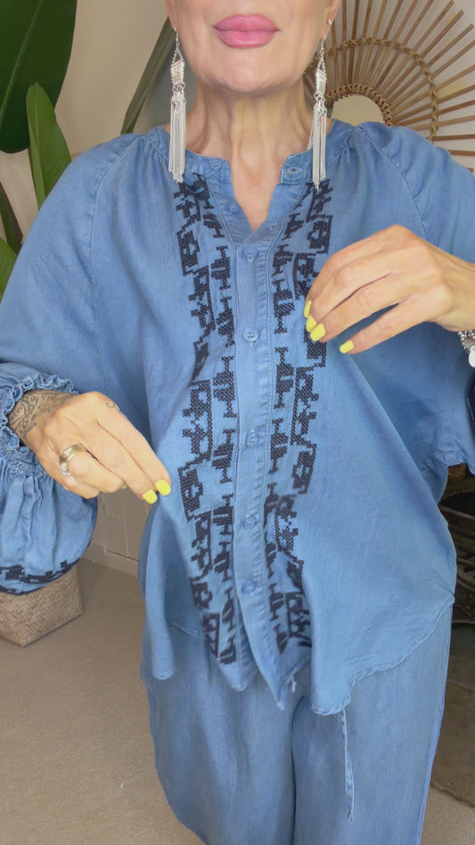 Soft Denim Embroidered Blouse