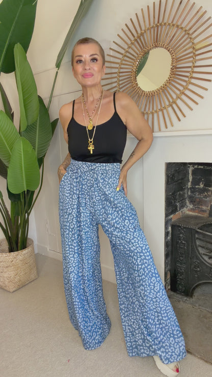 Animal Print Wide Leg Denim Trousers