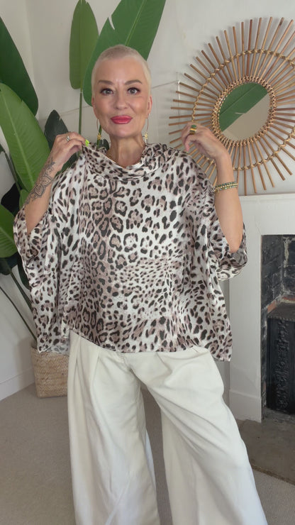 Leopard Print Cowl Neck Satin Top