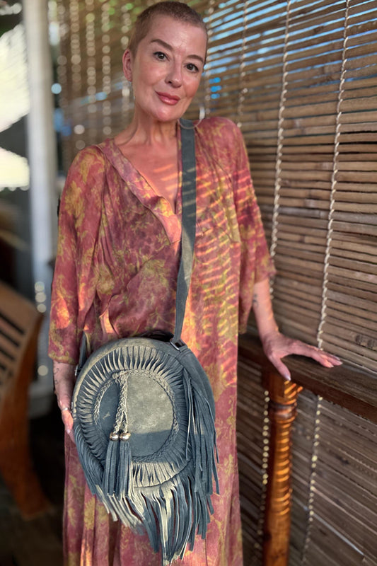 Artisan Goan Round Fringed Bag - Steel Grey
